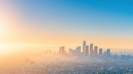 Fototapeta premium stunning city skyline at sunrise, showcasing tall buildings and vibrant sky. warm colors create serene atmosphere