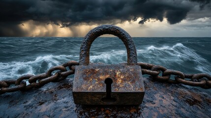 Fototapeta premium A padlock with a rusty chain on a dramatic stormy background, symbolizing endurance