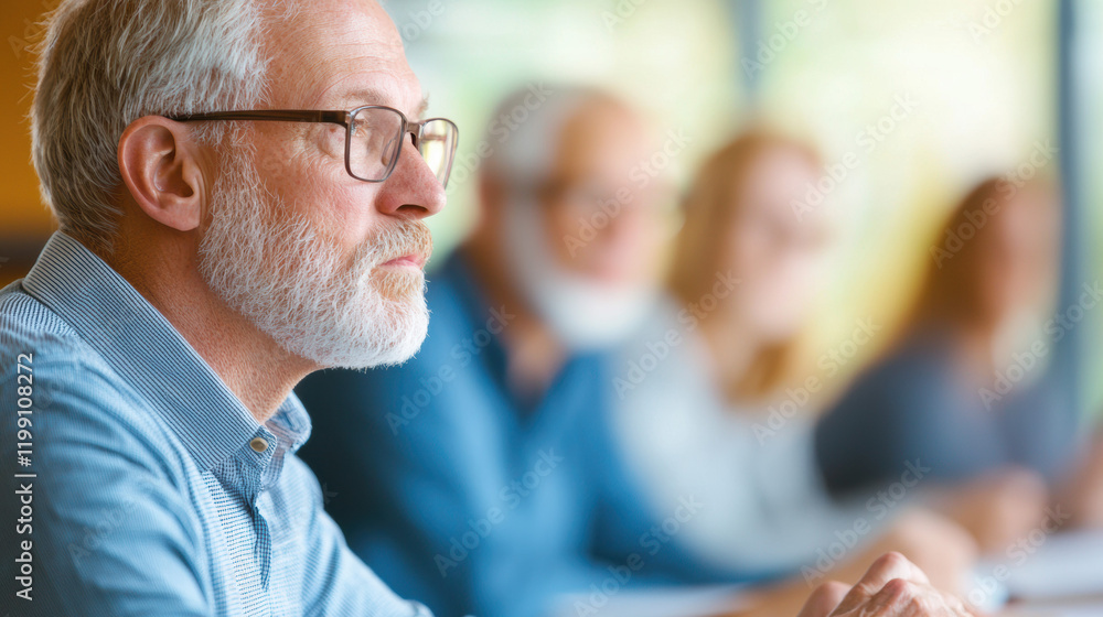 Poster focused older man in meeting with blurred colleagues in background