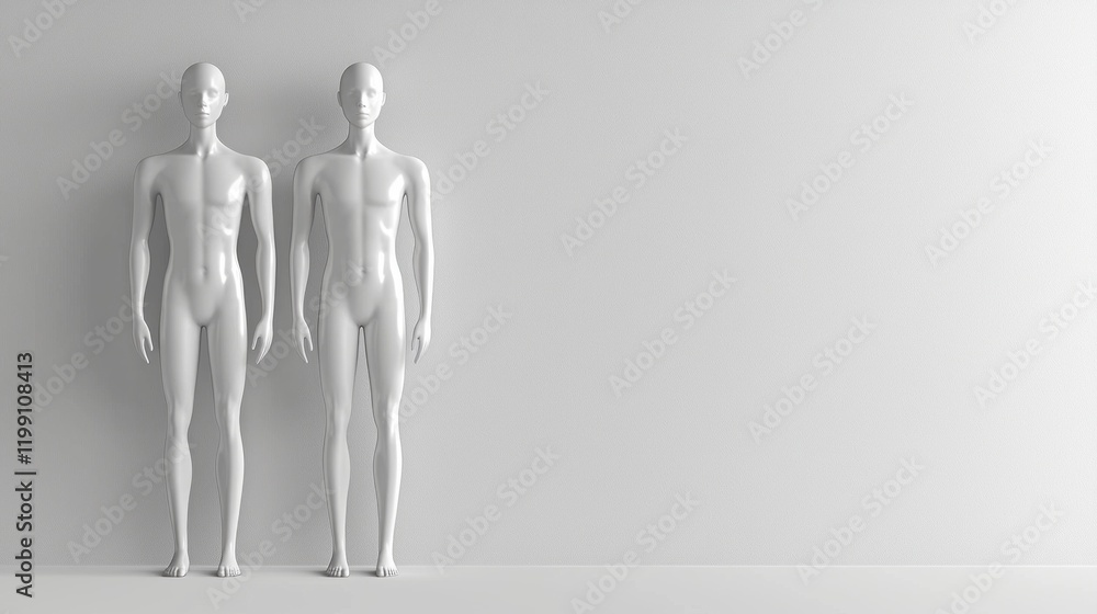 Poster two tall, featureless mannequins stand side by side on a smooth floor, illuminated by natural light 