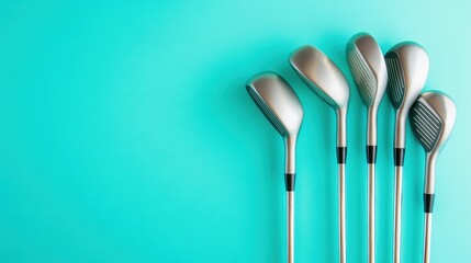 A set of premium golf clubs arranged on a soft cyan background, luxury and performance combined