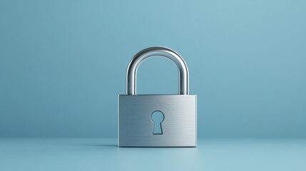 A silver padlock with a sleek design resting on a soft blue background, minimalist and modern