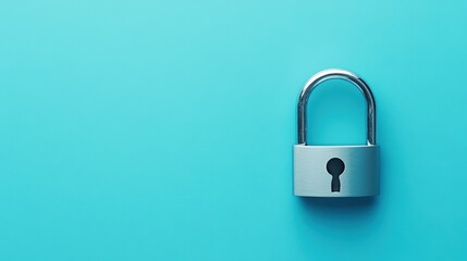 Fototapeta premium A silver padlock with a sleek design resting on a soft blue background, minimalist and modern