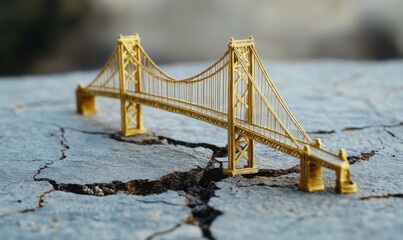 Golden bridge model over cracked surface symbolizes resilience and hope