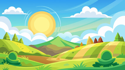 AI Generated scenic vector landscape with rolling hills, bright sun, and fluffy clouds in a cheerful cartoon style