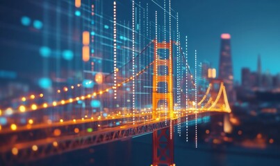 Fototapeta premium Golden bridge over fluctuating market graphs symbolizes growth and change