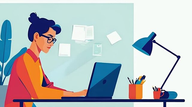 Video illustration of a smart business woman sitting by the desk and working on er laptop