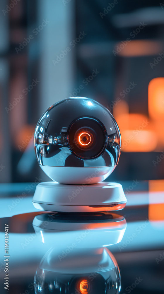 Aufkleber Spherical security camera with a glowing red light reflecting on a glass table in a modern office, emphasizing surveillance and technology