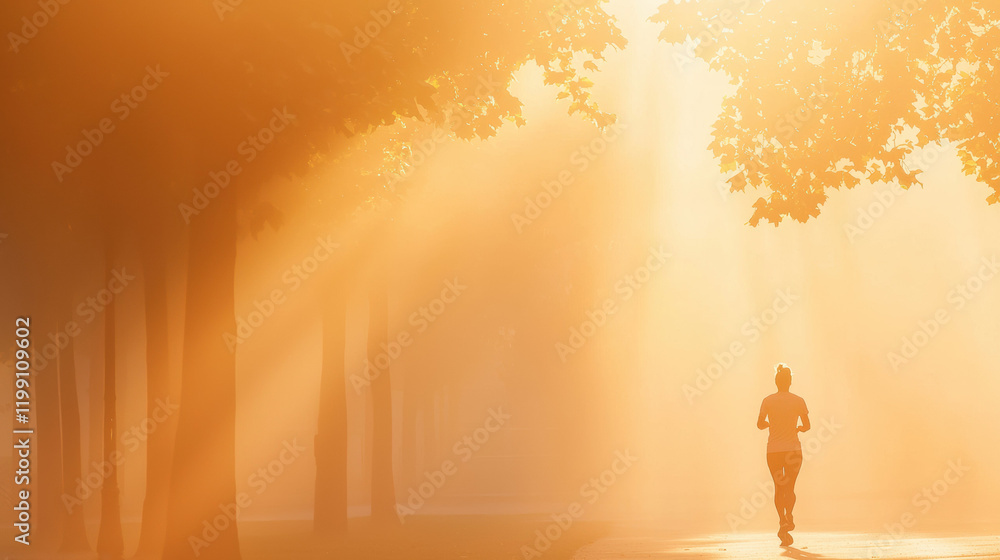 Poster person jogging in sunlit park surrounded by trees, creating serene atmosphere
