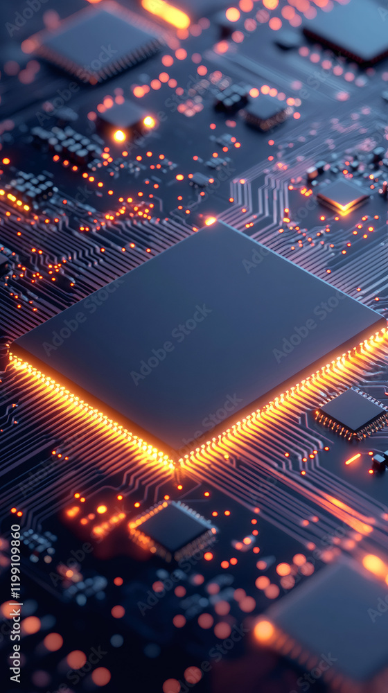 Aufkleber complex circuit board hosting modern cpu, glowing with vibrant orange illumination, revealing intric