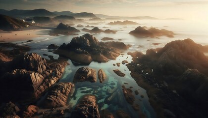 A rocky coastline dotted with tidal pools