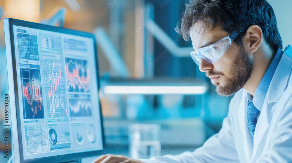 Poster focused scientist analyzes data on computer screen in lab
