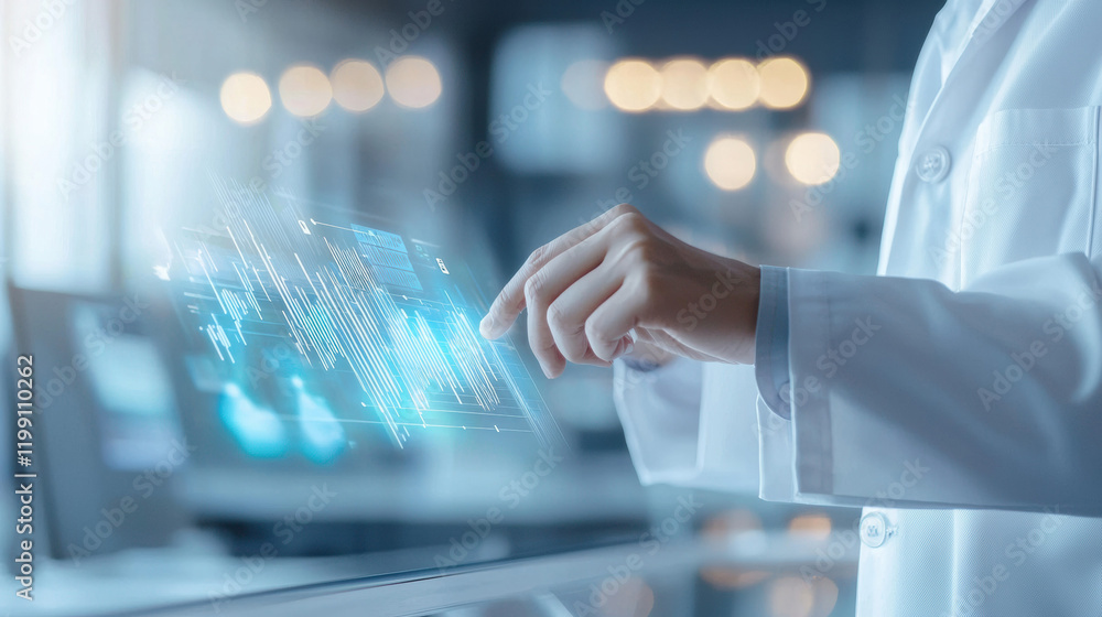 Poster scientist in lab coat interacts with digital interface, showcasing advanced technology and data analysis