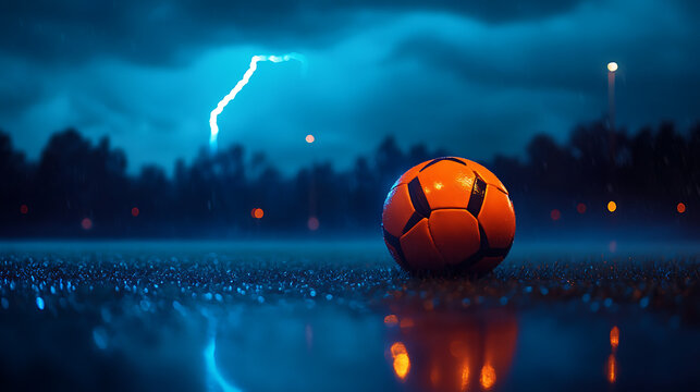 Soccer ball on wet field at night with lightning.