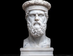 Fototapeta premium Ancient Greek bust sculpture on a white pedestal against a black background