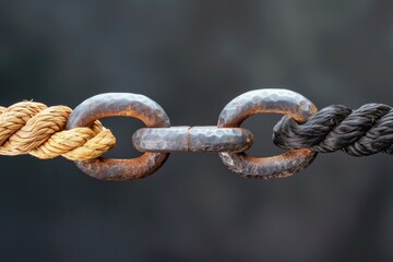 Fototapeta premium Close up of a rusty metal chain joining two ropes of different colors, creating a strong connection