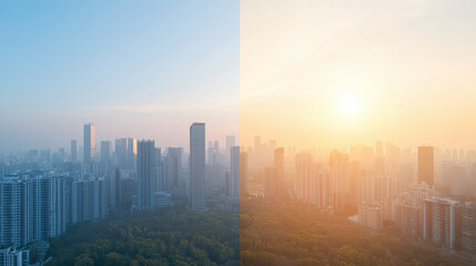 Fototapeta premium stunning cityscape at sunrise, showcasing skyscrapers and greenery. left side features blue sky, while right side transitions to warm golden hue