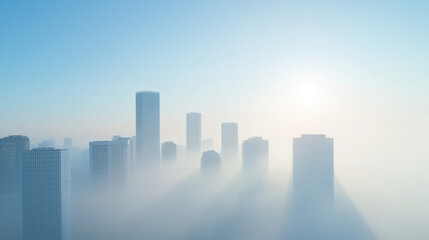 Fototapeta premium city skyline emerges through fog, showcasing tall buildings and soft sunlight