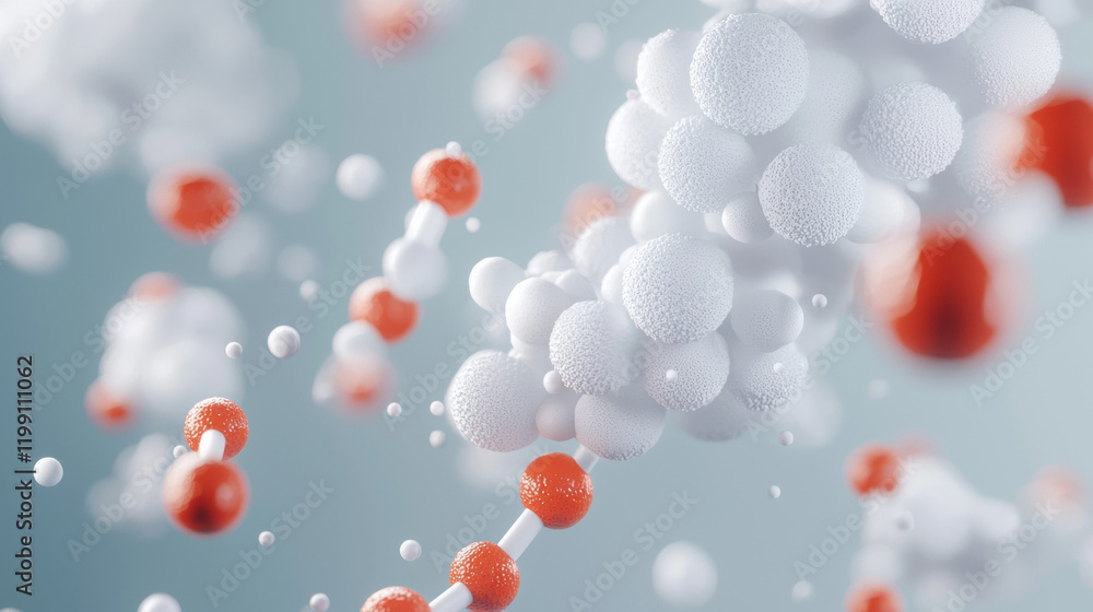 Poster molecular structure with white and red spheres representing atoms, showcasing scientific concepts an