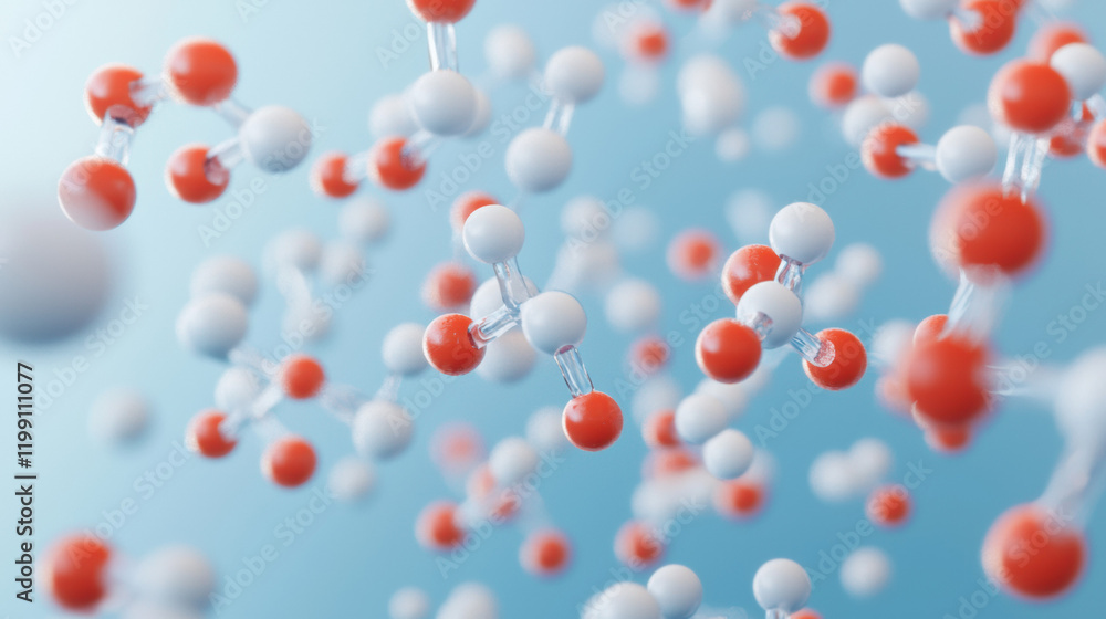Poster molecular structure with red and white spheres representing atoms, showcasing scientific concepts an