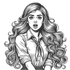 Fototapeta premium Surprised woman with an expression of shock, surprise and vintage style sketch engraving generative ai fictional character vector illustration. Scratch board imitation. Black and white image.