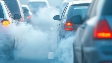 Traffic congestion with cars emitting exhaust fumes creates air pollution