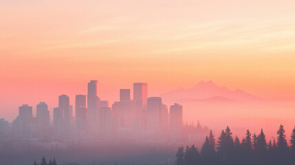 Obraz premium stunning city skyline at sunset, with misty mountains in background. vibrant colors create serene atmosphere