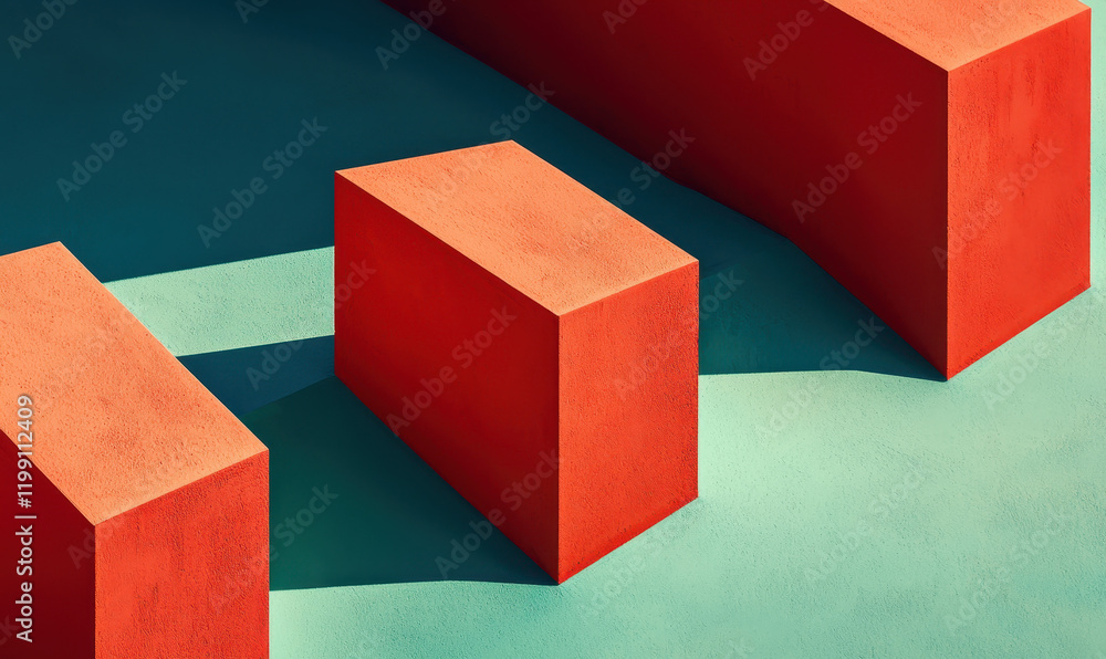 Poster dynamic composition of bold red geometric structures casting shadows on vibrant teal surface in mini