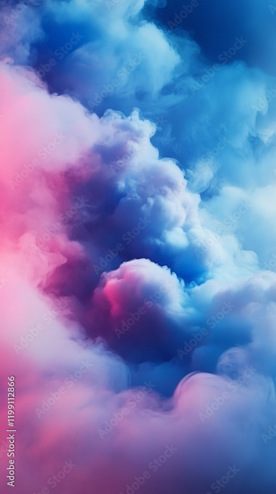 Poster Pastel pink and blue smoke swirling, blending into ethereal abstract shapes with soft, dynamic textures