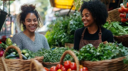 A local market shot of smiling vendors offering baskets of fresh vegetables and herbs,