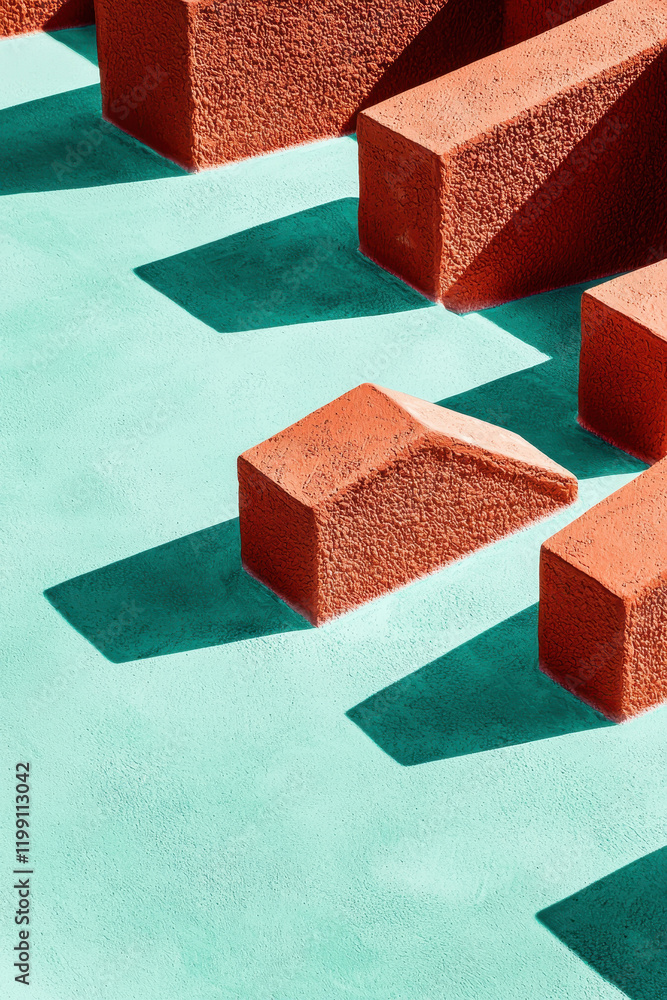 Poster vibrant abstract architectural composition with geometric blocks and shadows in bold colors