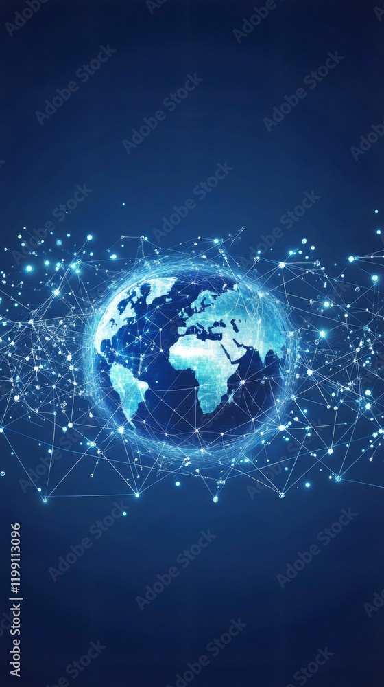 Poster global network and internet concept showing earth rotating and connecting with data lines and bright