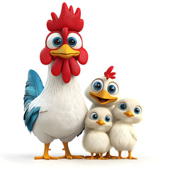 cheerful cartoon rooster with three fluffy chicks, showcasing family love