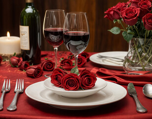 Festive table setting, menu design for Valentine's Day, cutlery with a heart on a plate and glasses with red wine, festive composition with a bouquet of red roses, kitchen background. Selective focus