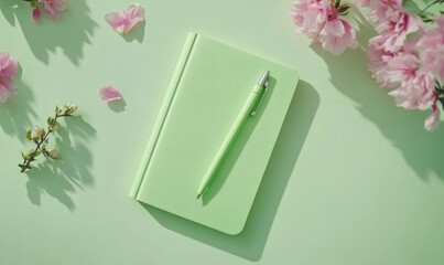 Light green notebook, pen and pink flowers on light green desk. Business minimal concept for women. Flat lay, top view, copy space