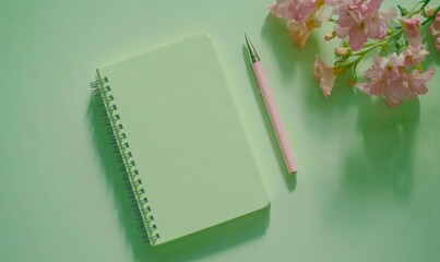 Light green notebook, pen and pink flowers on light green desk. Business minimal concept for women. Flat lay, top view, copy space