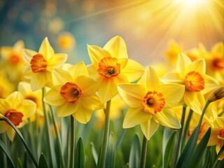 Obraz premium Vibrant yellow daffodils bloom, announcing spring. Nature's floral beauty, perfect springtime wallpaper.