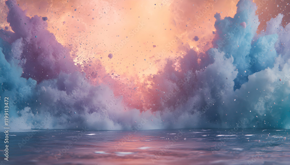 Poster abstract image of a vibrant explosion of color over water, featuring a dynamic interplay of pastel h