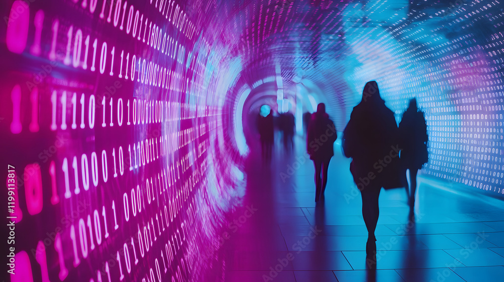 Poster silhouettes of people walking in a digital tunnel with binary code and glowing pink and blue light, 