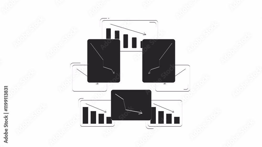 Poster declining charts with downward trends outline 2d object doodle animation. financial loss, economic c