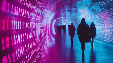 Silhouettes of people walking in a digital tunnel with binary code and glowing pink and blue light, symbolizing technology and connectivity.