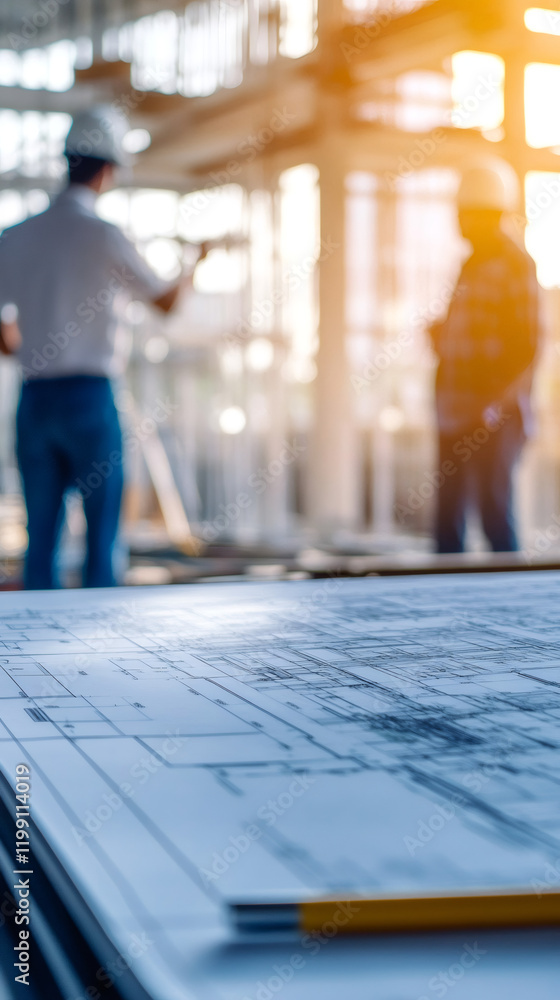 Poster Blueprints spread across a table, with two engineers collaborating on a construction site in the background, focusing on project details
