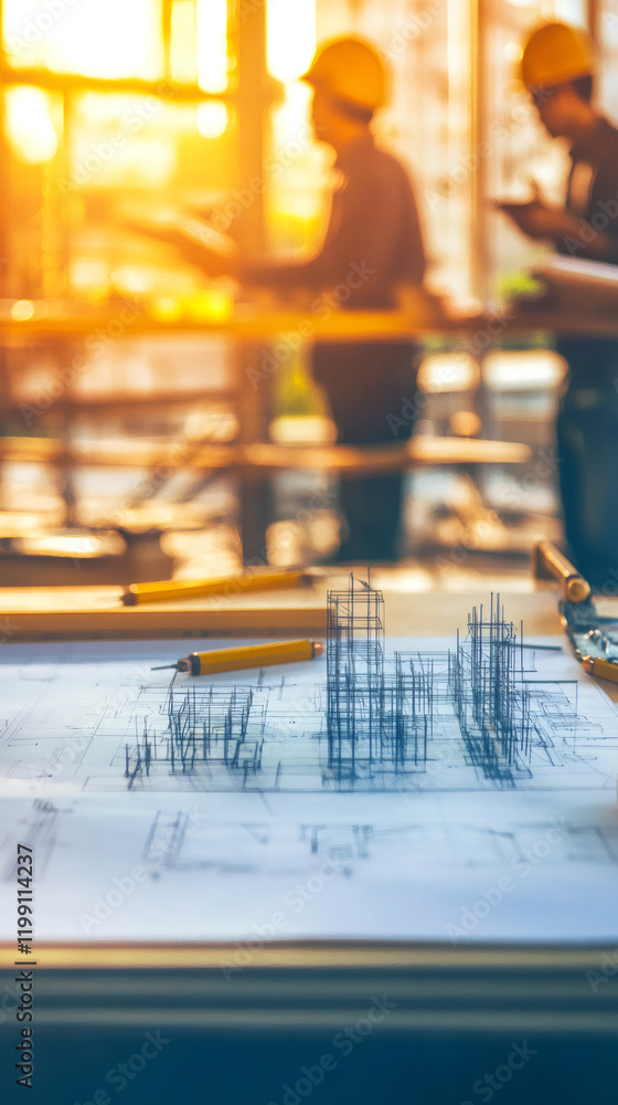 Poster architectural blueprints, scale models showcasing building design, professional team collaborating, 