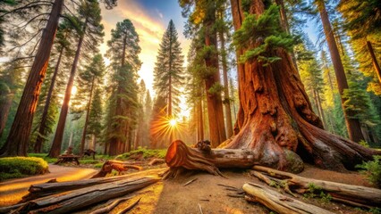 Obraz premium Yosemite's Mariposa Grove: a fallen giant, miniatured by tilt-shift, evokes a fairytale landscape.