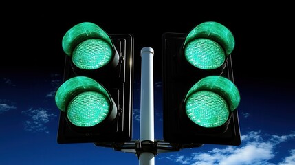 Green Light Go! A vibrant image of a double traffic light showcasing bright green lights against a dramatic night sky. Perfect for transportation, safety, and go-ahead concepts.