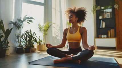 Young black woman doing yoga meditation lotus pose fitness indoors cozy interior with plants healthy wealthy lifestyle