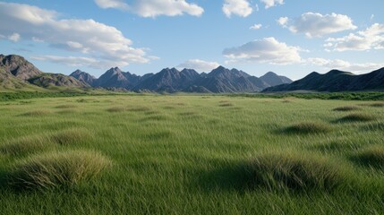 Fototapeta premium Picturesque mountain range landscape with lush green grass field