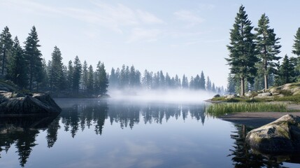 Fototapeta premium Serene lakeside view with mist and pine trees reflecting in water.
