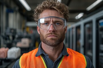 Fototapeta premium Portrait of a focused male factory worker wearing safety glasses and a high-visibility vest