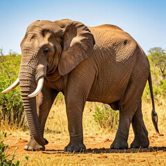 Fototapeta premium An African elephant standing in the middle of the savannah, with tusks shining under the bright sun. 